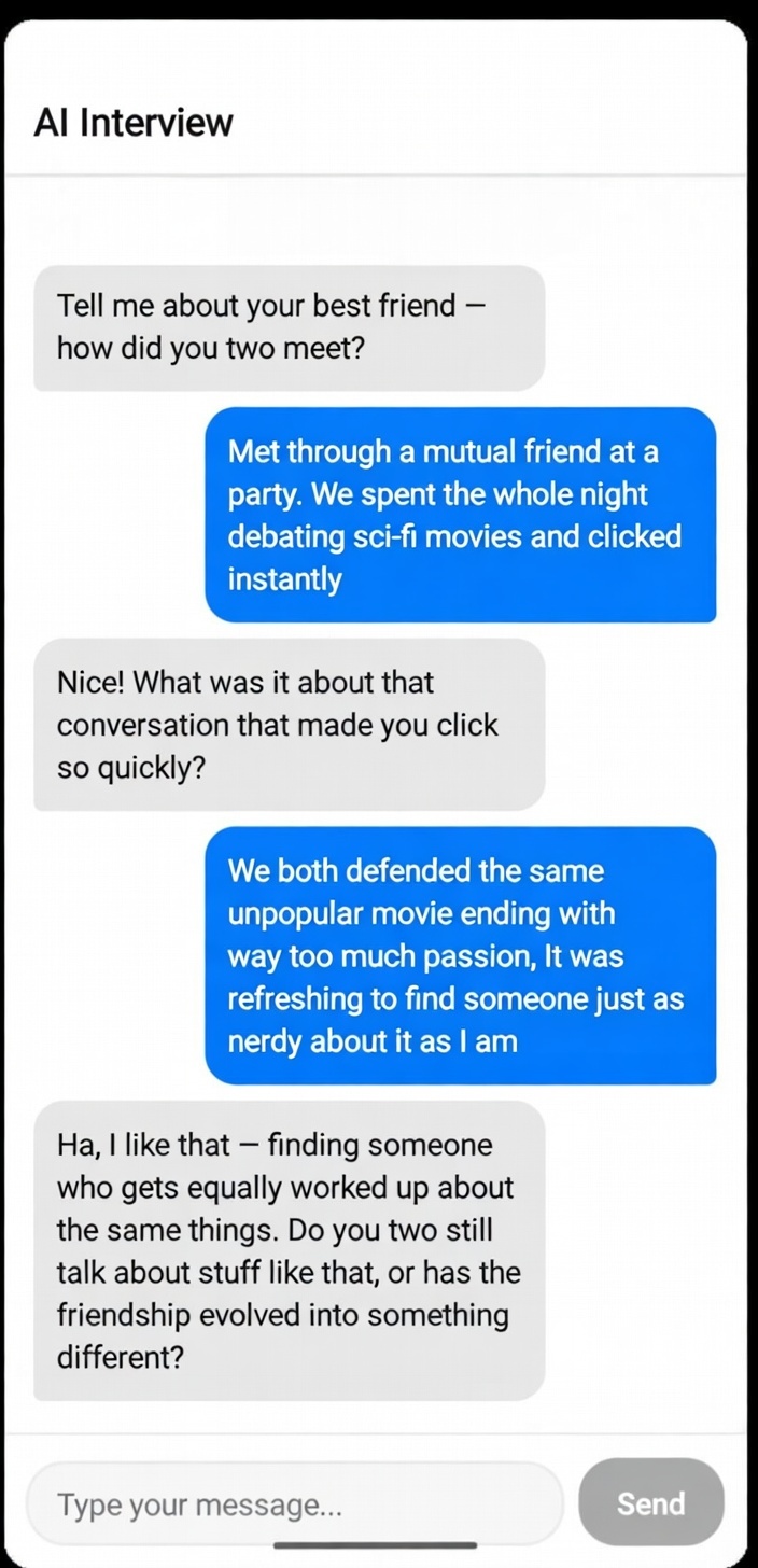 AI interview chat showing a conversation about friendship values